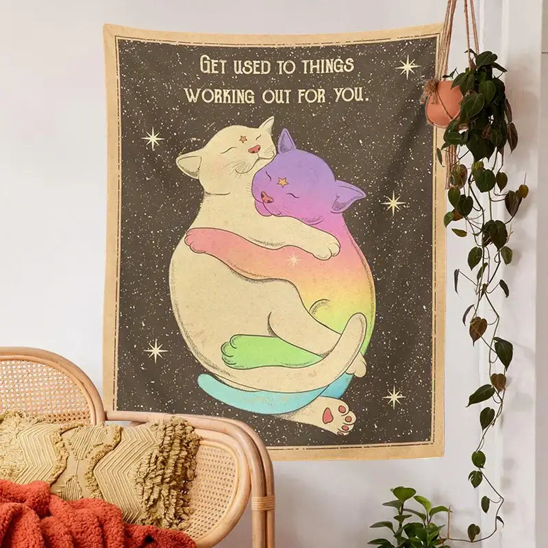 Cozy cream and rainbow cat tapestry tarot wall hanging decorbites featuring affectionate cats with motivational text