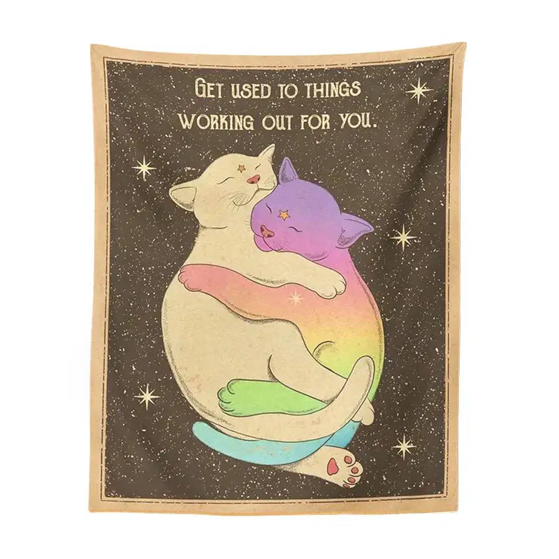 Cream and rainbow cat tapestry tarot wall hanging featuring two affectionate cats in a starry cosmic decorbites cat tapestry design