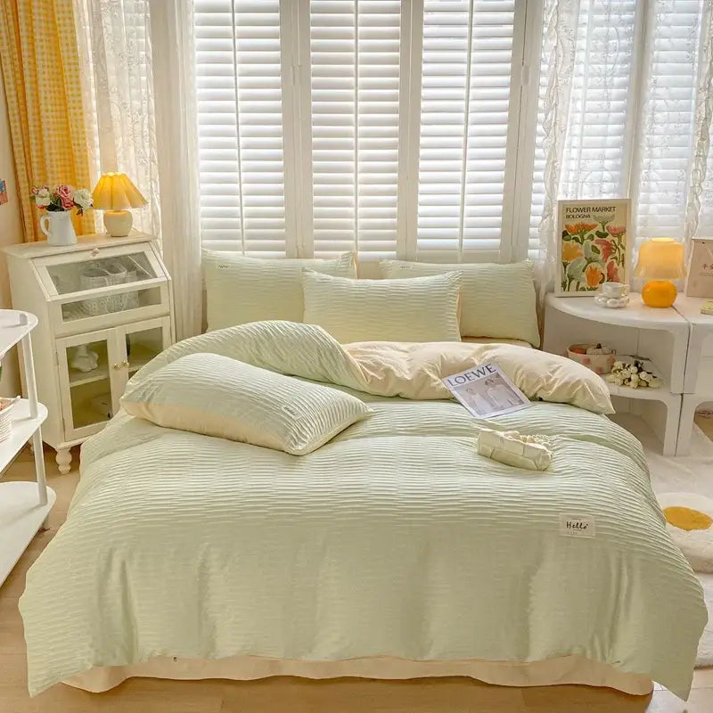 Cream ribbed bubble yarn duvet cover set in soft pale green ribbed cotton with matching pillows and woven texture