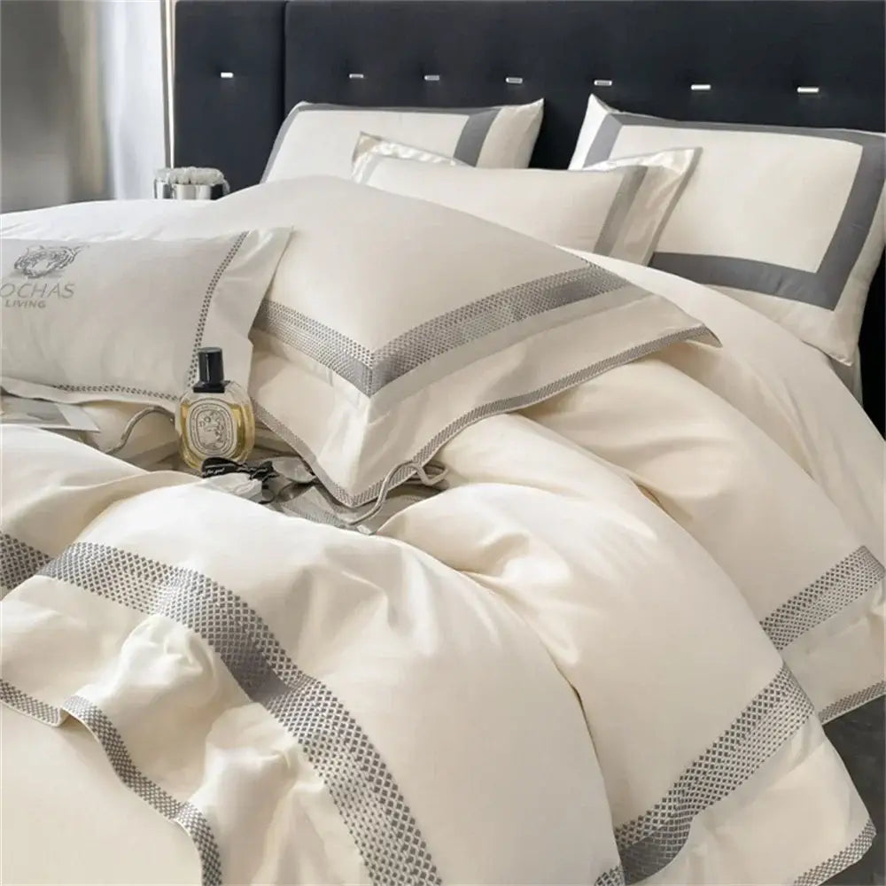 Cream satin 1000tc egyptian cotton bedding set with silver piping and gray geometric trim by decorbites