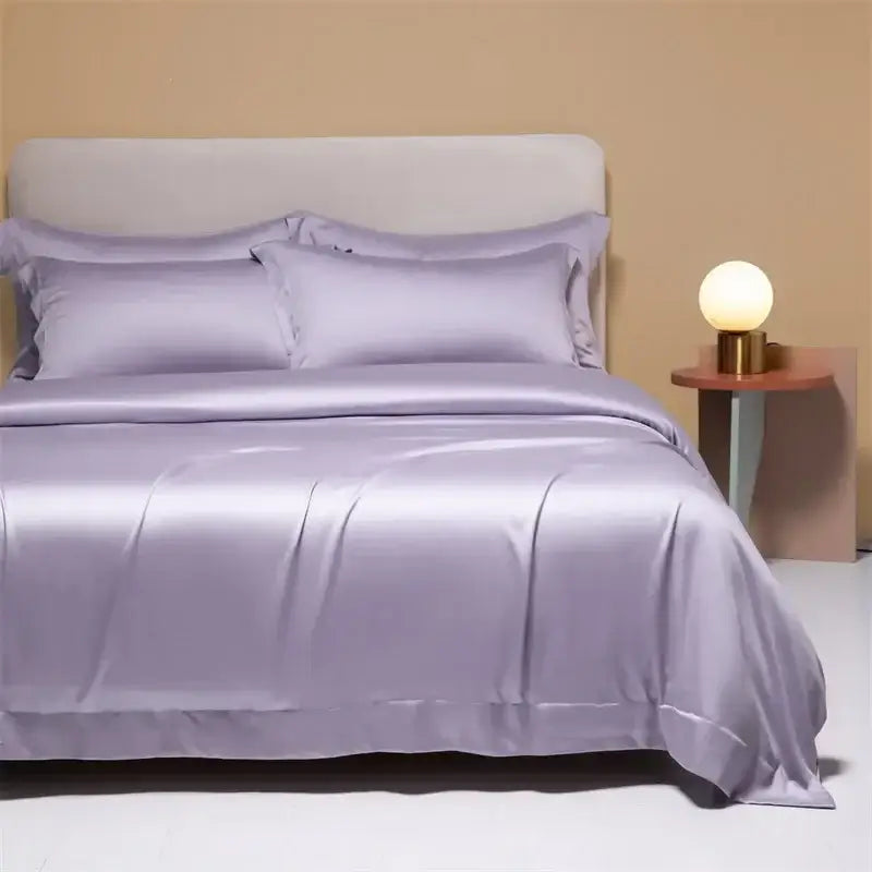 Lavender satin bedding set with matching pillows made from decorbites 120s natural fabric for cooling comfort