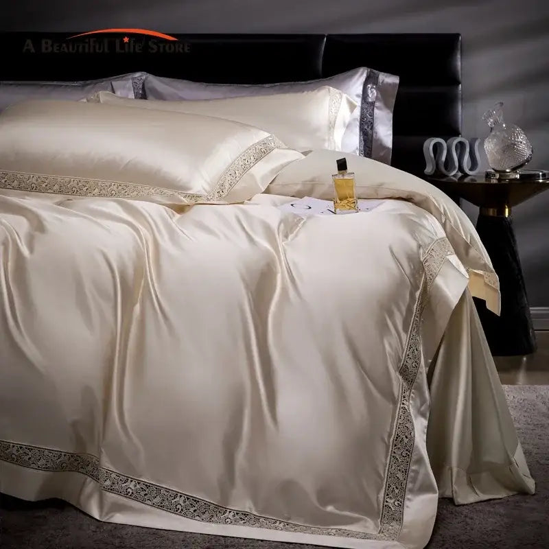 Cream-colored satin bedding set with elegant silver lace trim made from decorbites damask lyocell cotton for bedroom decor