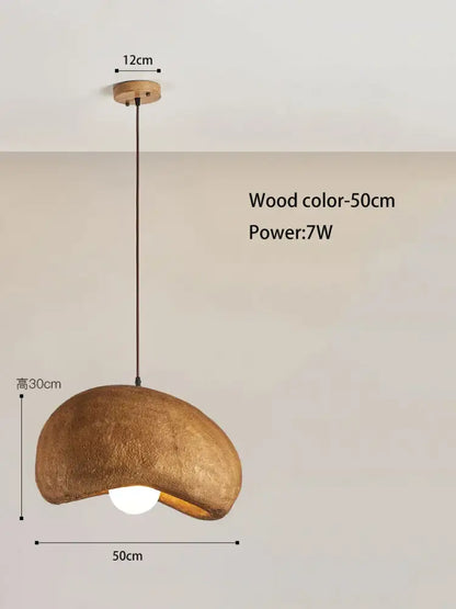 A rustic 50cm-wide cream style cloud pendant lamp with a textured wood-colored shade and wooden ceiling mount by decorbites