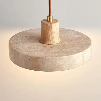 Beige stone pendant light with wooden base and brass hardware in decorbites cream style wood walnut and concrete design