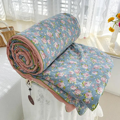 Cream teddy bear double layered soya fibre quilt with blue rose fabric and peach inner lining for bedroom comfort