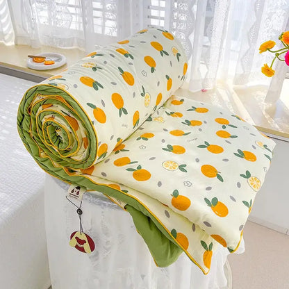 Cream teddy bear double layered soya fibre quilt cream color with orange fruit pattern green lining and yellow trim