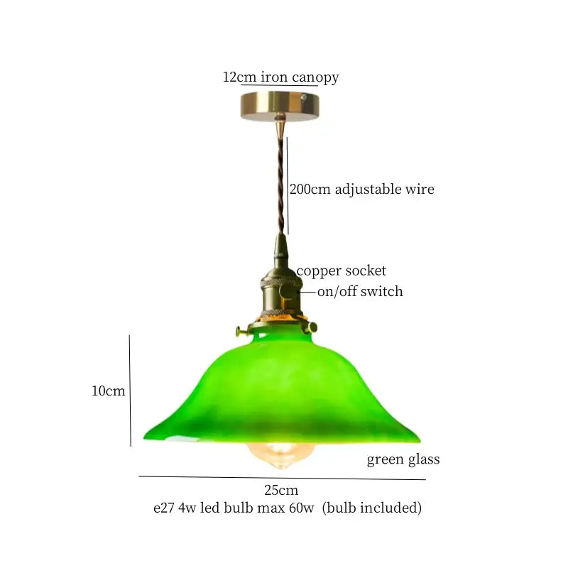 Green glass pendant light with brass-finished iron canopy and copper socket for decorbites cream vintage brass dining room decor