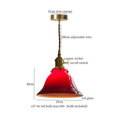 Red glass pendant light with brass-finished iron canopy and copper socket for decorbites cream vintage brass dining room decor