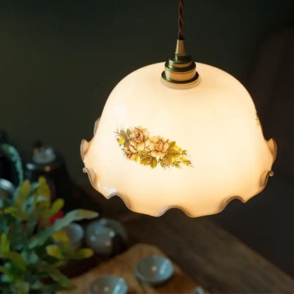 A cream vintage brass pendant light with scalloped floral glass shade for elegant dining room decorbites cream vintage