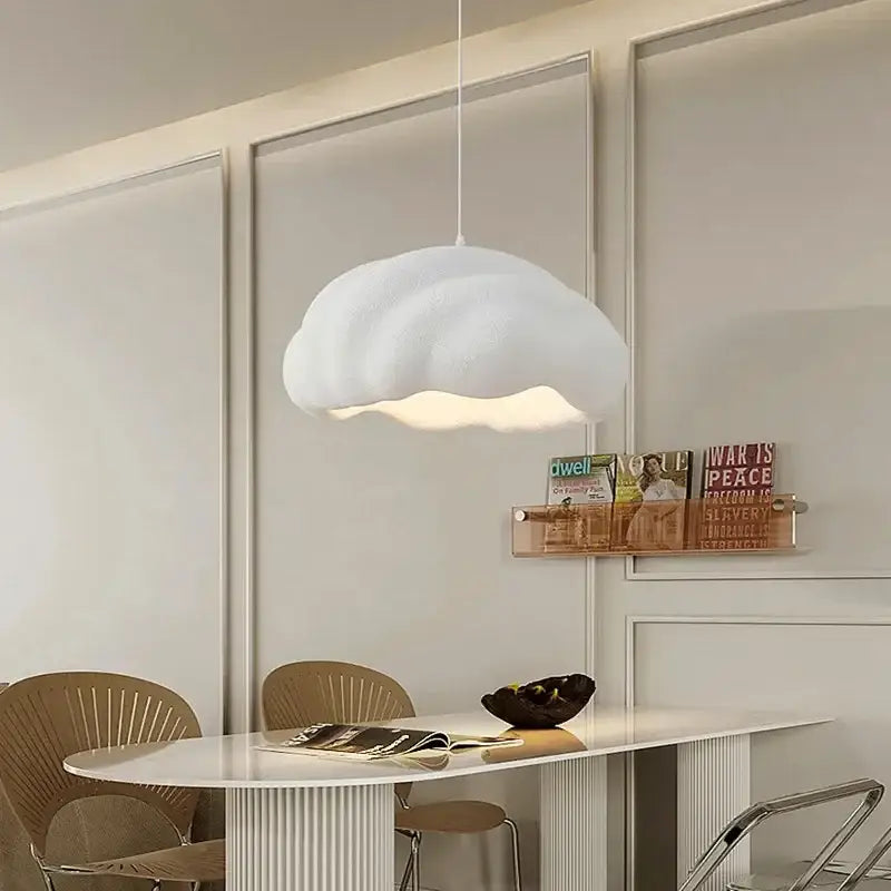 Cream wabi sabi pendant chandelier featuring a soft white cloud shape with a textured plush surface for dining room decorbites cream wabi