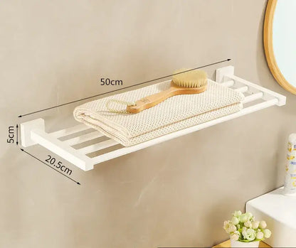 Cream white plastic wall-mounted bathroom set shelf with slatted design 50cm by 20.5cm and towel rack