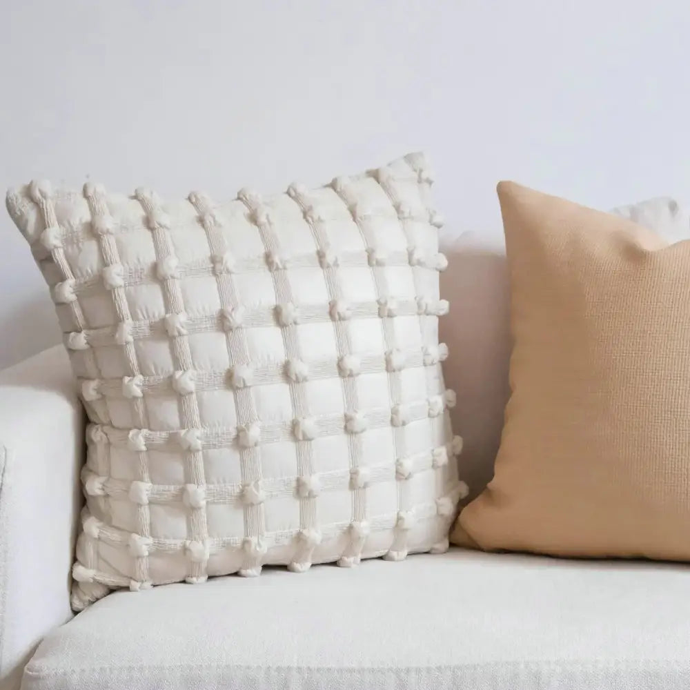 Cream white plaid 3d bubble cushion cover with textured pom-poms and stitched lines for living room decorbites cream white
