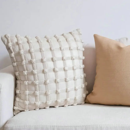Cream white plaid 3d bubble cushion cover with textured pom-poms and stitched lines for living room decorbites cream white