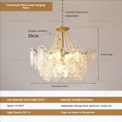 Elegant cream wind crystal gold living room pendant light with a three-layer pearl glass wind crystal chandelier frame