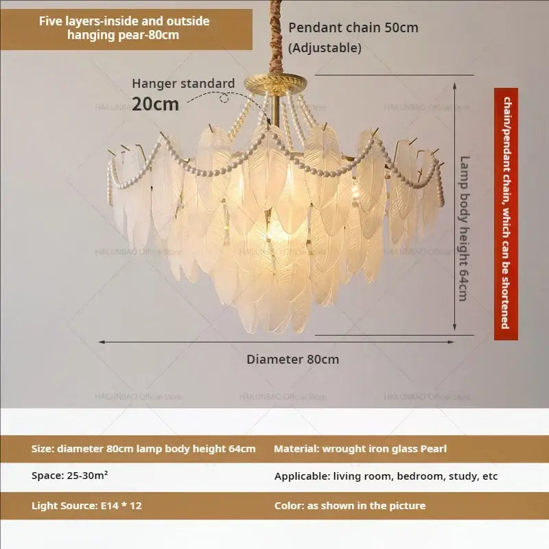 Cream wind feather pearl crystal chandelier with translucent pear-shaped glass on brass wrought iron frame for living room decorbites cream wind