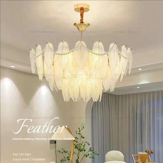 Cream wind feather pearl crystal chandelier with delicate white feathers gold-tone mount and beaded accents for living room decorbites cream wind