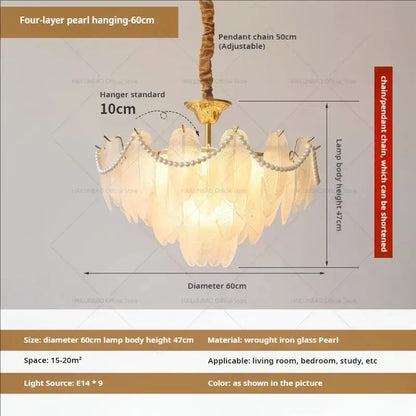 Elegant four-layer cream wind feather pearl crystal chandelier with golden wrought iron frame for living room decorbites cream wind
