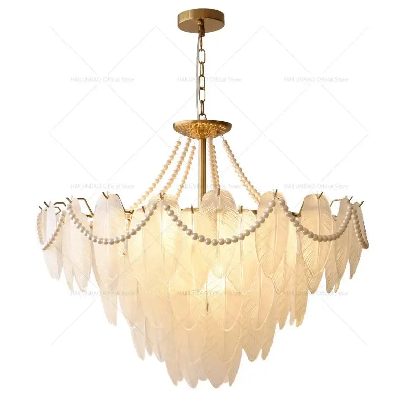 Elegant cream wind feather pearl crystal chandelier with white feathers gold accents and pearl beads for living room decorbites cream wind