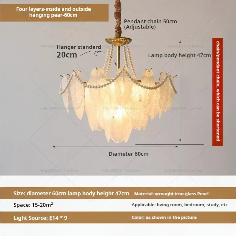 Elegant cream wind feather pearl crystal chandelier with 60cm diameter, four-layered glass shades and wrought iron frame
