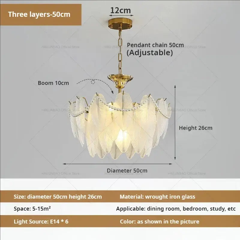 Gold-toned decorbites cream wind feather chandelier with three layers of translucent glass shades for living room light
