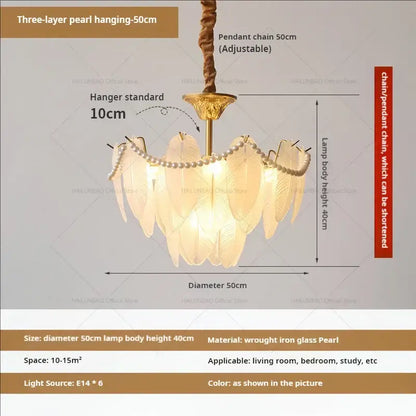 Cream wind feather pearl crystal chandelier with three-layer pearl design and feather glass shades on gold frame