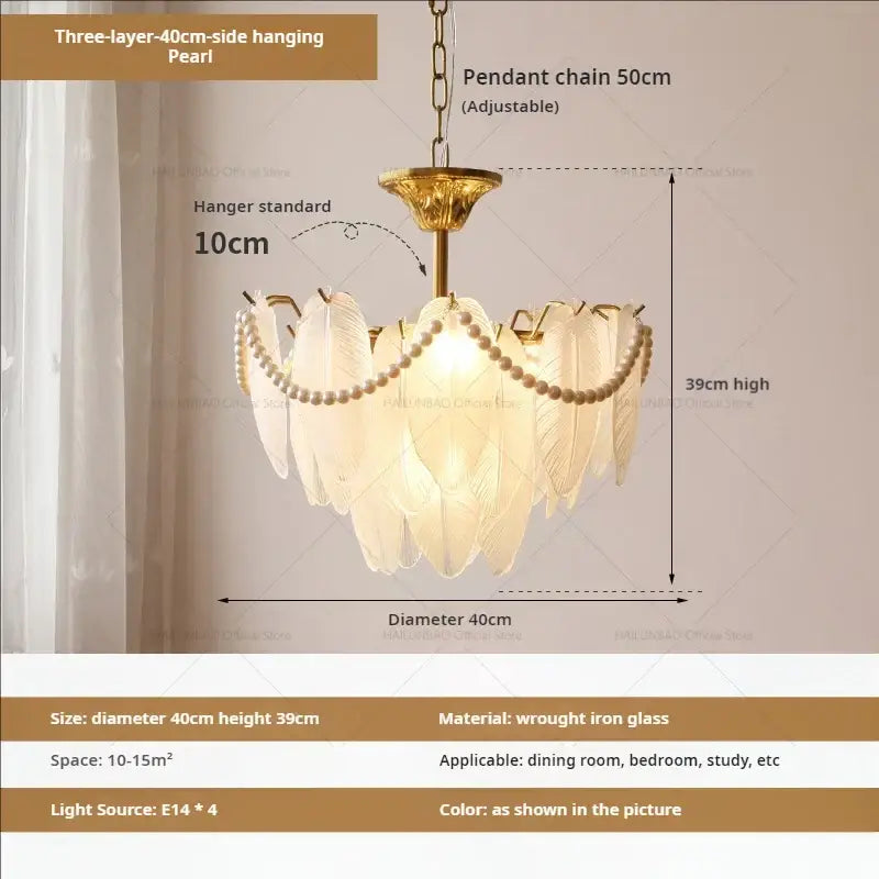 Cream wind feather pearl crystal chandelier with three-layer hanging pearls and gold wrought iron frame for living room decorbites cream wind