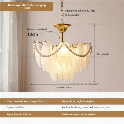 Cream wind feather pearl crystal chandelier with three-layer hanging pearls and gold wrought iron frame for living room decorbites cream wind