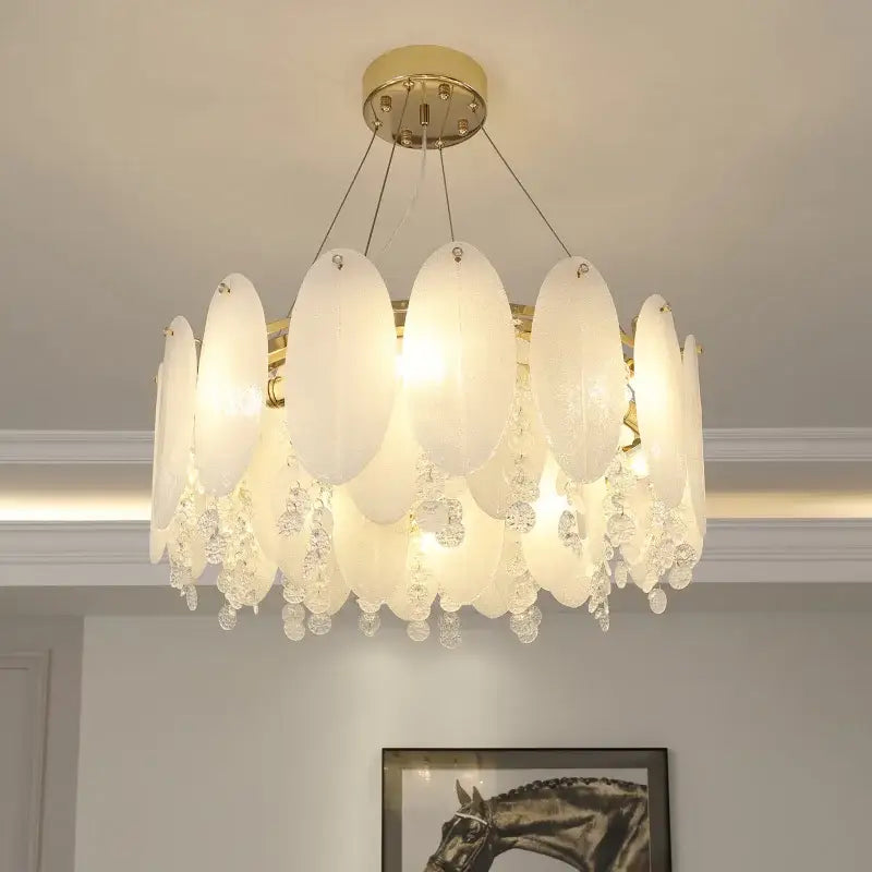 Elegant cream wind led chandelier featuring white opal glass with gold-toned accents and crystal droplets for bedroom decorbites cream wind