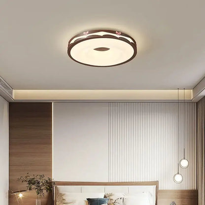 Circular cream wind walnut round bedroom light with dark wood frame soft white center and pink bow decorbites cream wind