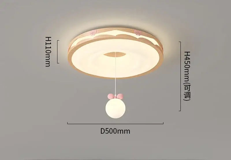 Cream wind walnut round bedroom light with wooden frame soft white glow and pink bow hanging bulb by decorbites cream wind