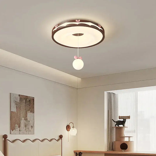 Cream wind walnut round bedroom light with dark brown frame white panel and pink bow hanging bulb by decorbites cream wind