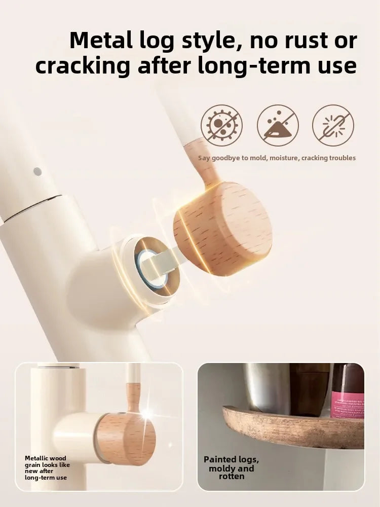 Metallic wood grain stainless steel log-style faucet handle with cream finish and white plastic base for kitchen sink tap
