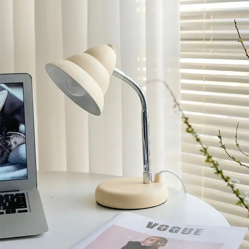 Cream-colored decorbites creamy style desk lamp with flexible chrome neck and tiered shade for bedroom reading light