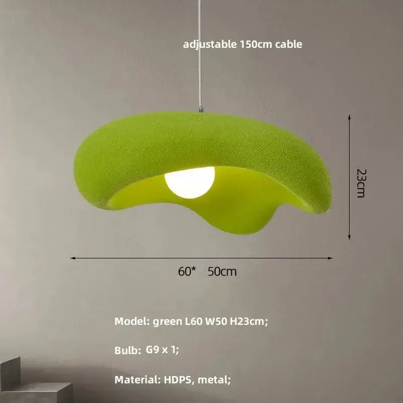 A vibrant lime green decorbites creamy style pendant light shaped like a cloud with soft texture and adjustable cable