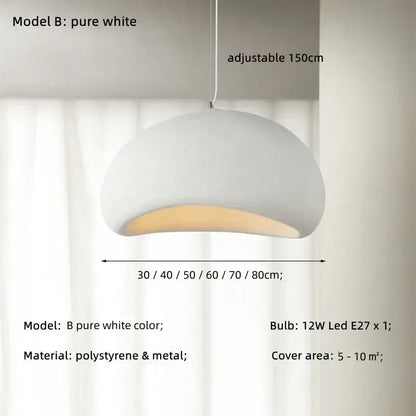 Pure white dome-shaped creamy style wabi pendant light with matte polystyrene and metal for stairs and living room decorbites creamy style