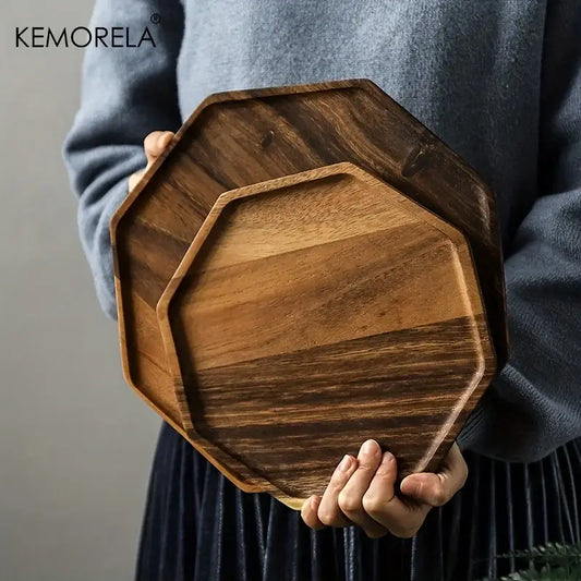 Two octagonal creative acacia wood serving trays in natural and walnut finishes for dining room decorbites creative acacia