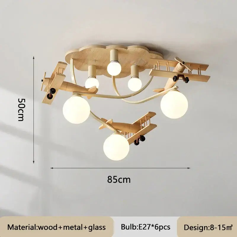 Creative airplane led wooden ceiling light fixture with three biplanes and six glass bulbs for boys bedroom