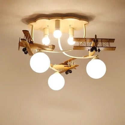 Creative airplane led wooden plane chandelier with three spherical bulbs and cloud-shaped base for boys bedroom decor