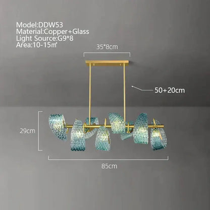 Modern copper and glass pendant light with eight g9 bulbs and iridescent blue green decorbites blue glass shades