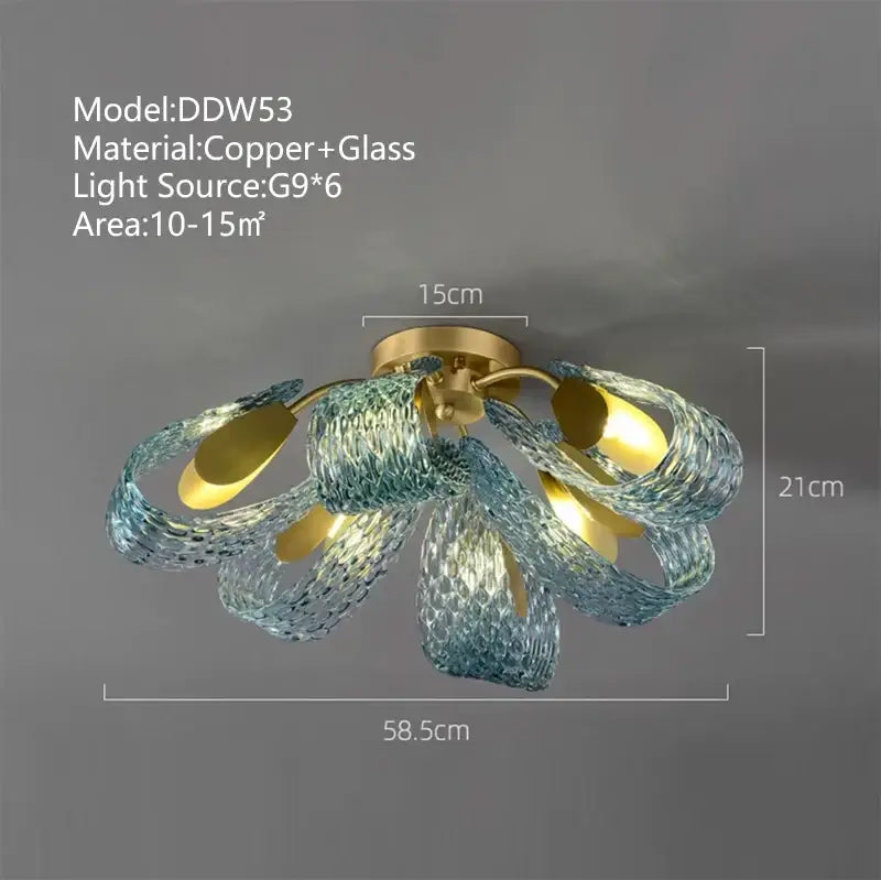 A modern pendant light with copper base and decorbites blue glass petals featuring six g9 bulbs for luxury decor