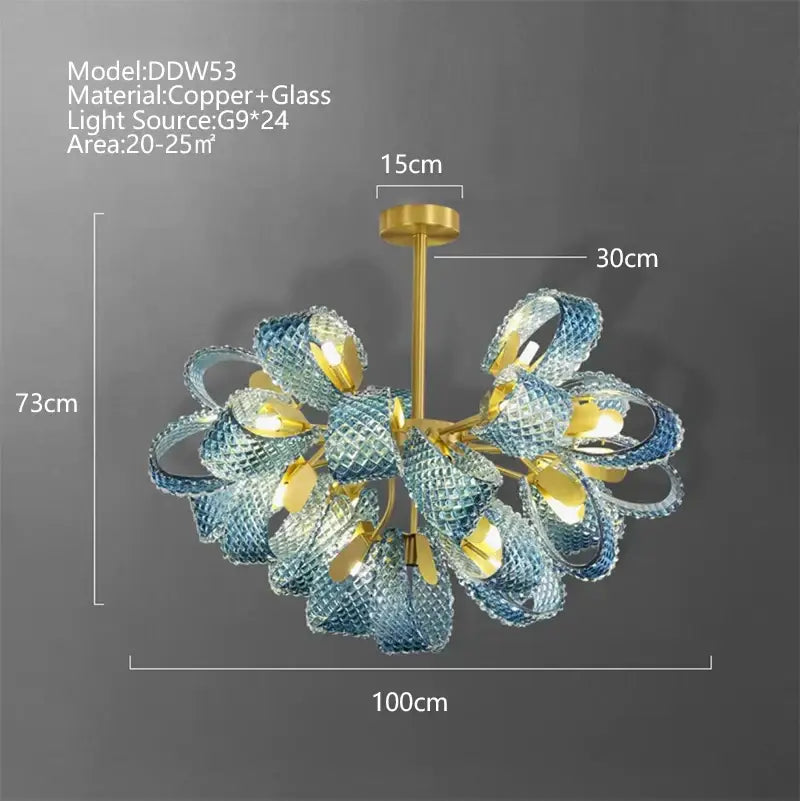A modern pendant light with gold-finished copper frame and blue glass luxury petals featuring 24 g9 lights