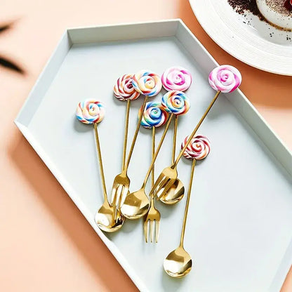 Set of gold-toned spoon and donut dessert fork with creative candy donut colorful swirled lollipop handles for dining