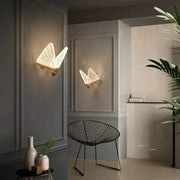 Delicate creative colorful butterfly led wall lamp with intricate woven glass panels and gold-toned metal base for bedroom