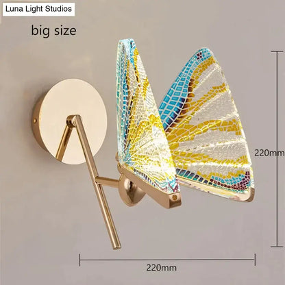 Creative colorful butterfly led wall lamp with blue yellow white mosaic glass wings on gold metal frame for bedroom decor