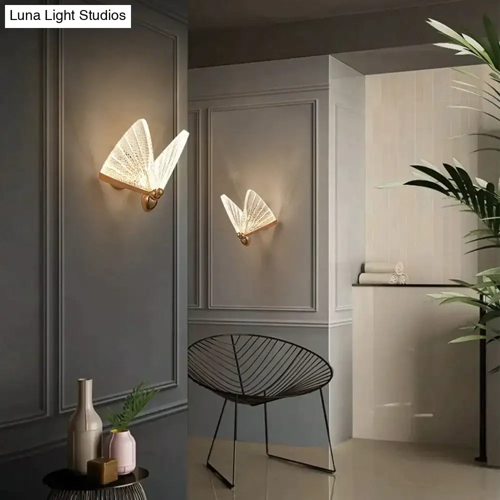 Delicate white creative colorful butterfly led wall lamp with gold-toned metal bases and woven glass sconce for bedroom