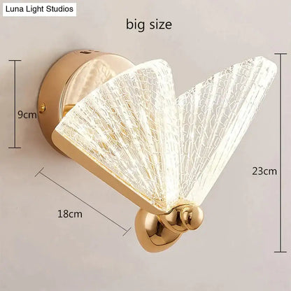 Gold finished wall sconce with translucent textured glass fan shaped diffuser for creative colorful butterfly led lamp