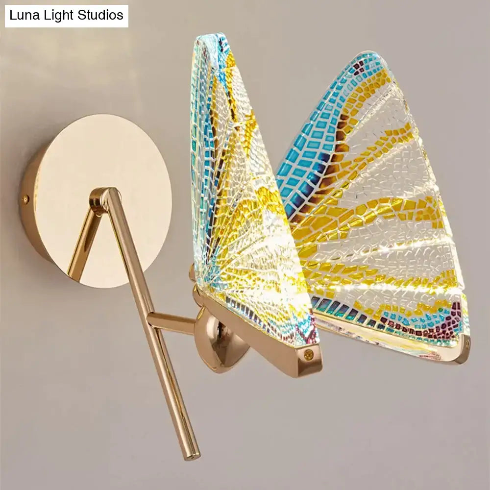 Creative colorful butterfly led wall lamp with vibrant blue yellow white mosaic glass wings and gold metal frame for bedroom