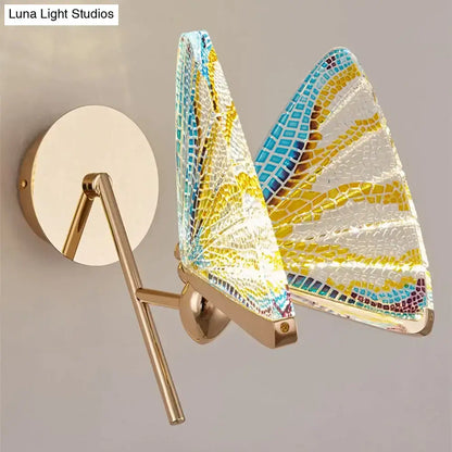 Creative colorful butterfly led wall lamp with vibrant blue yellow white mosaic glass wings and gold metal frame for bedroom