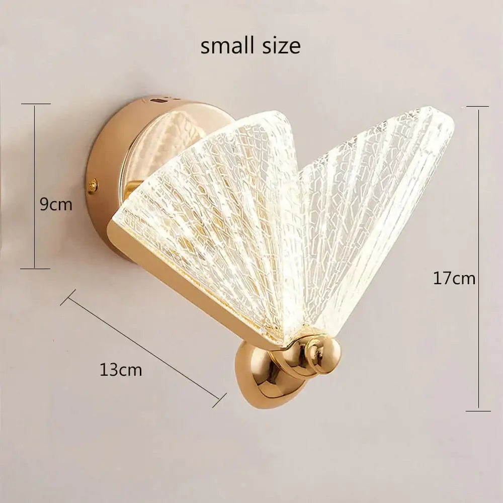 Gold-finished wall sconce with fan-shaped crackled glass diffuser for creative colorful butterfly led bedroom lighting