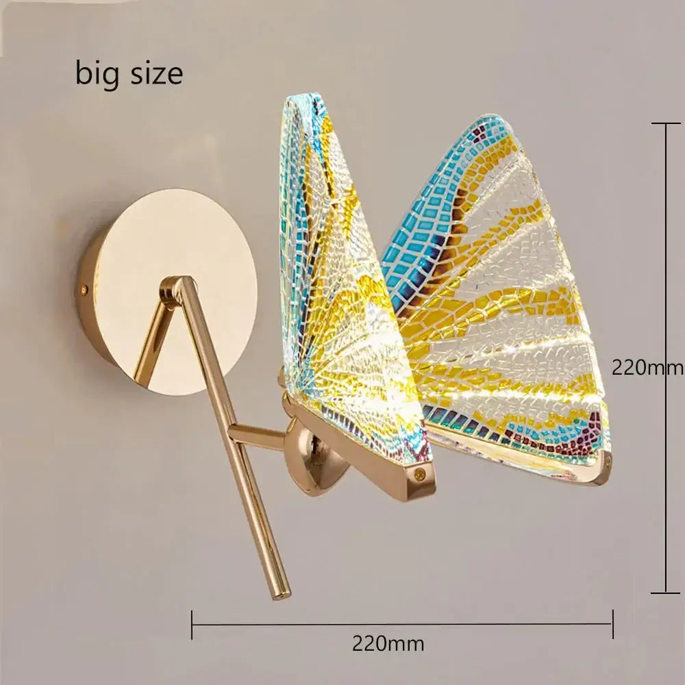 Decorative creative colorful butterfly led wall lamp with blue yellow white mosaic glass wings on gold metal frame